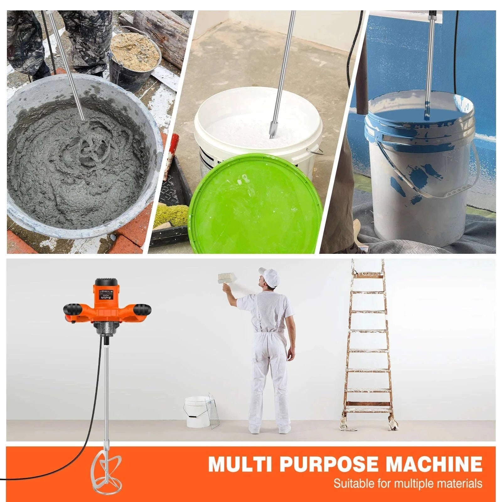 Handheld Paint Concrete Mixer with Adjustable 6-Speed Control-Orange / UNITED KINGDOM