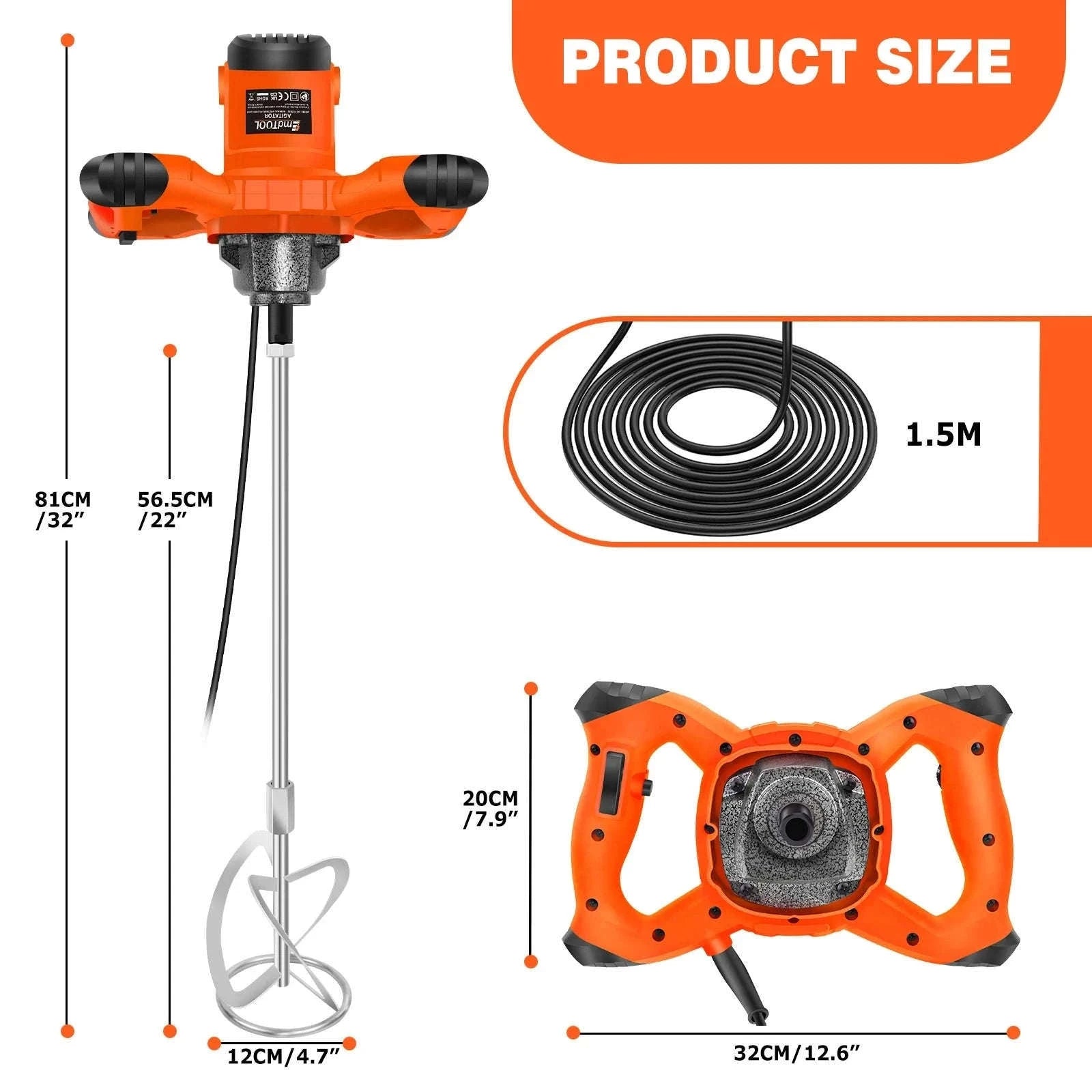 Handheld Paint Concrete Mixer with Adjustable 6-Speed Control-Orange / UNITED KINGDOM