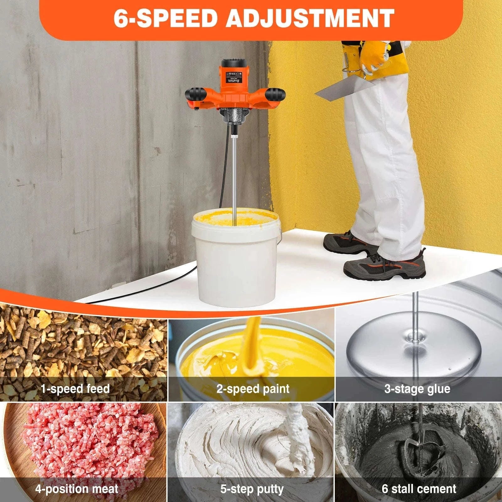 Handheld Paint Concrete Mixer with Adjustable 6-Speed Control-Orange / UNITED KINGDOM