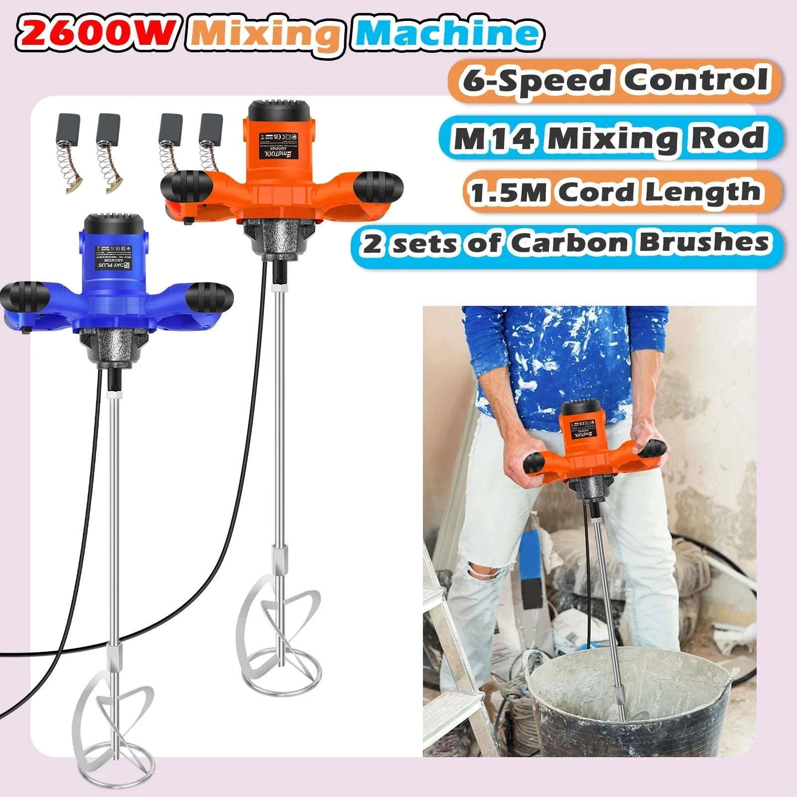 Handheld Paint Concrete Mixer with Adjustable 6-Speed Control-Orange / UNITED KINGDOM