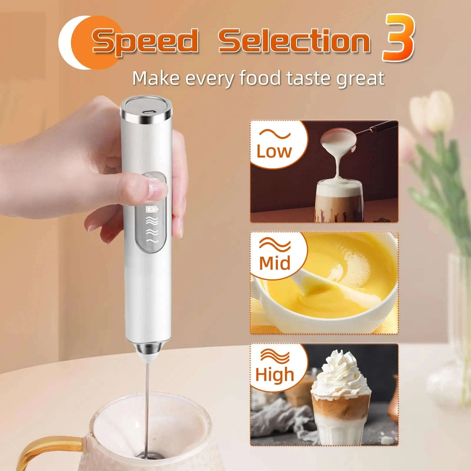 Handheld Rechargeable Milk Frother with 3 Whisks and 3 Speeds-United States / YELLOW