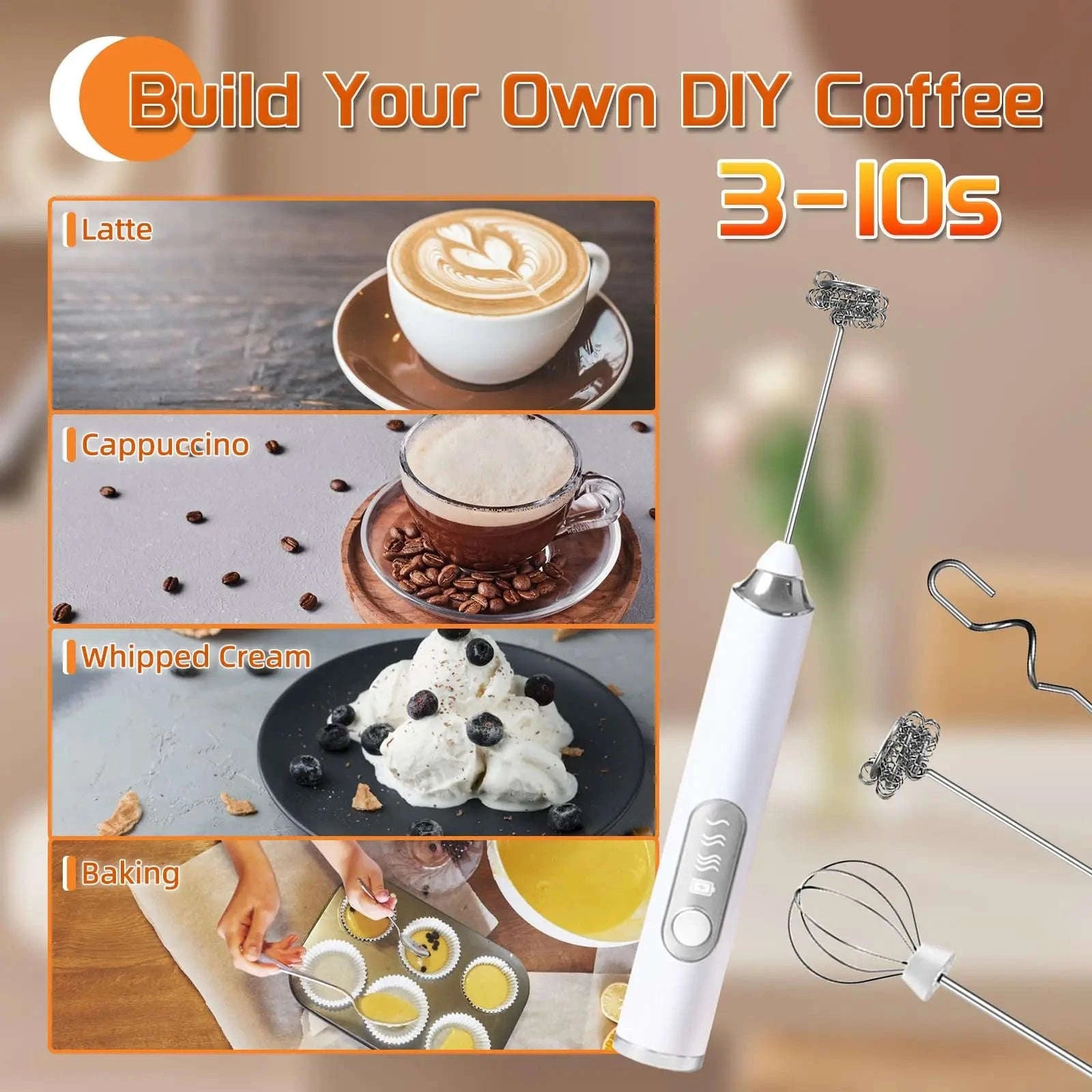 Handheld Rechargeable Milk Frother with 3 Whisks and 3 Speeds-United States / YELLOW