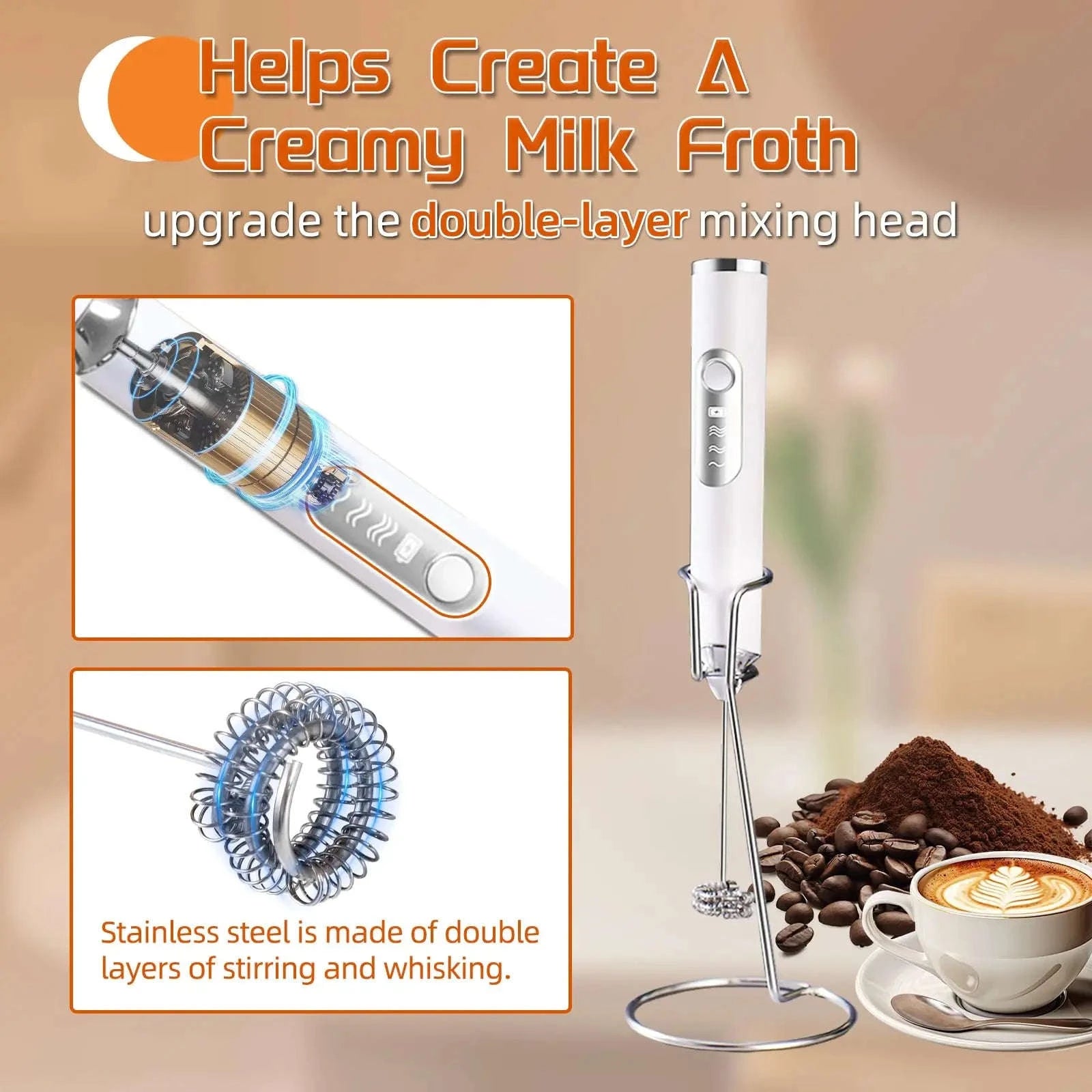 Handheld Rechargeable Milk Frother with 3 Whisks and 3 Speeds-United States / YELLOW