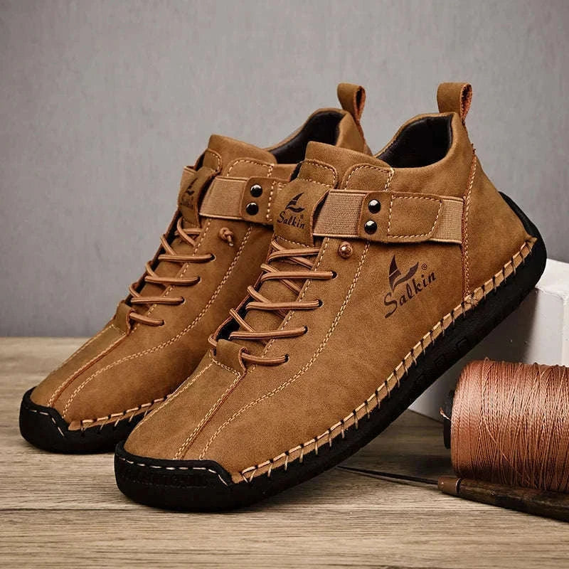 Handmade Leather Casual Men Shoes-Red / 39
