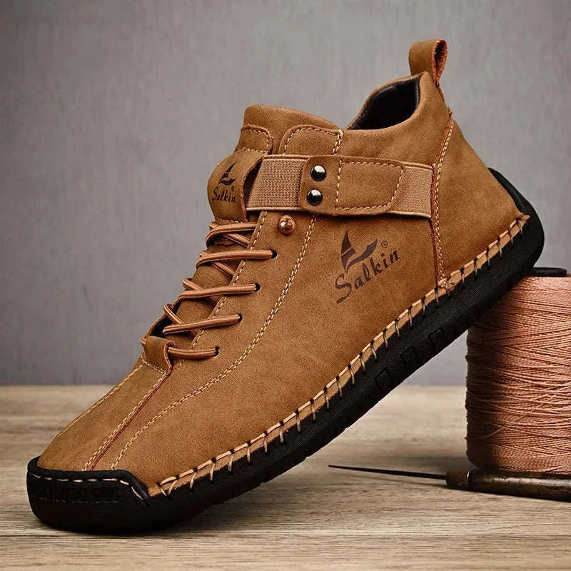 Handmade Leather Casual Men Shoes-Red / 39