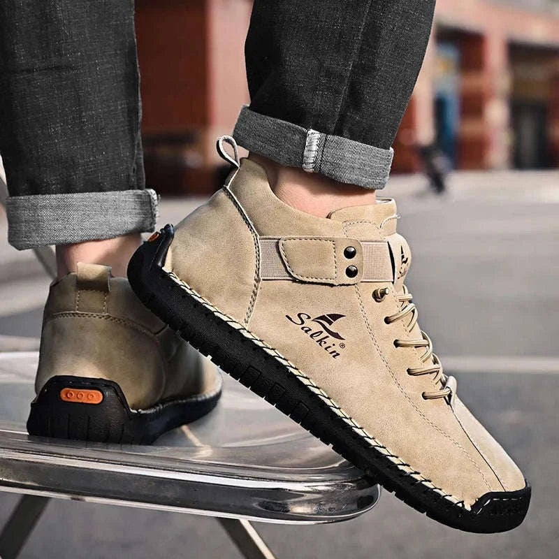 Handmade Leather Casual Men Shoes-Red / 39