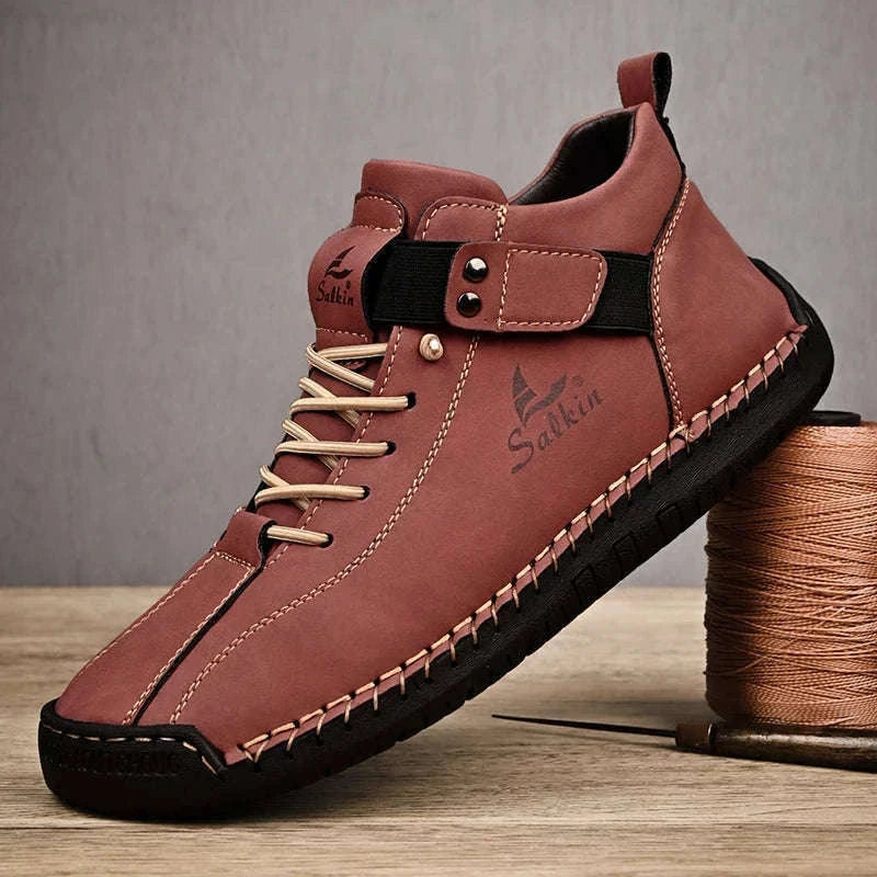 Handmade Leather Casual Men Shoes-Red / 39