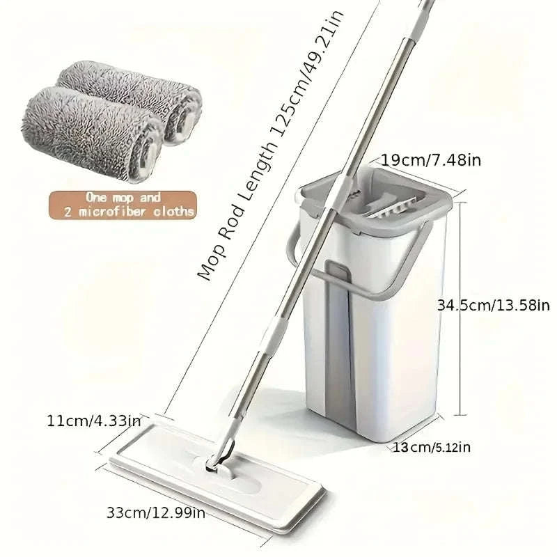 Hands-Free Flat Mop and Bucket Set with 4 Reusable Microfiber Pads-United States / WHITE