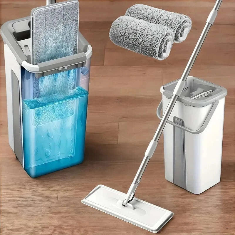 Hands-Free Flat Mop and Bucket Set with 4 Reusable Microfiber Pads-United States / WHITE