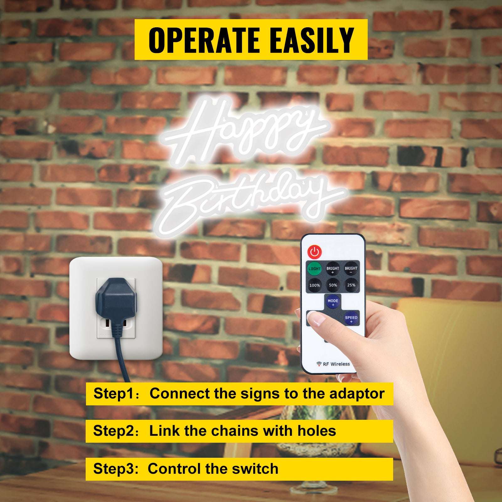 Happy Birthday LED Neon Sign with Remote & Adjustable Brightness-Warm White 31W / United States