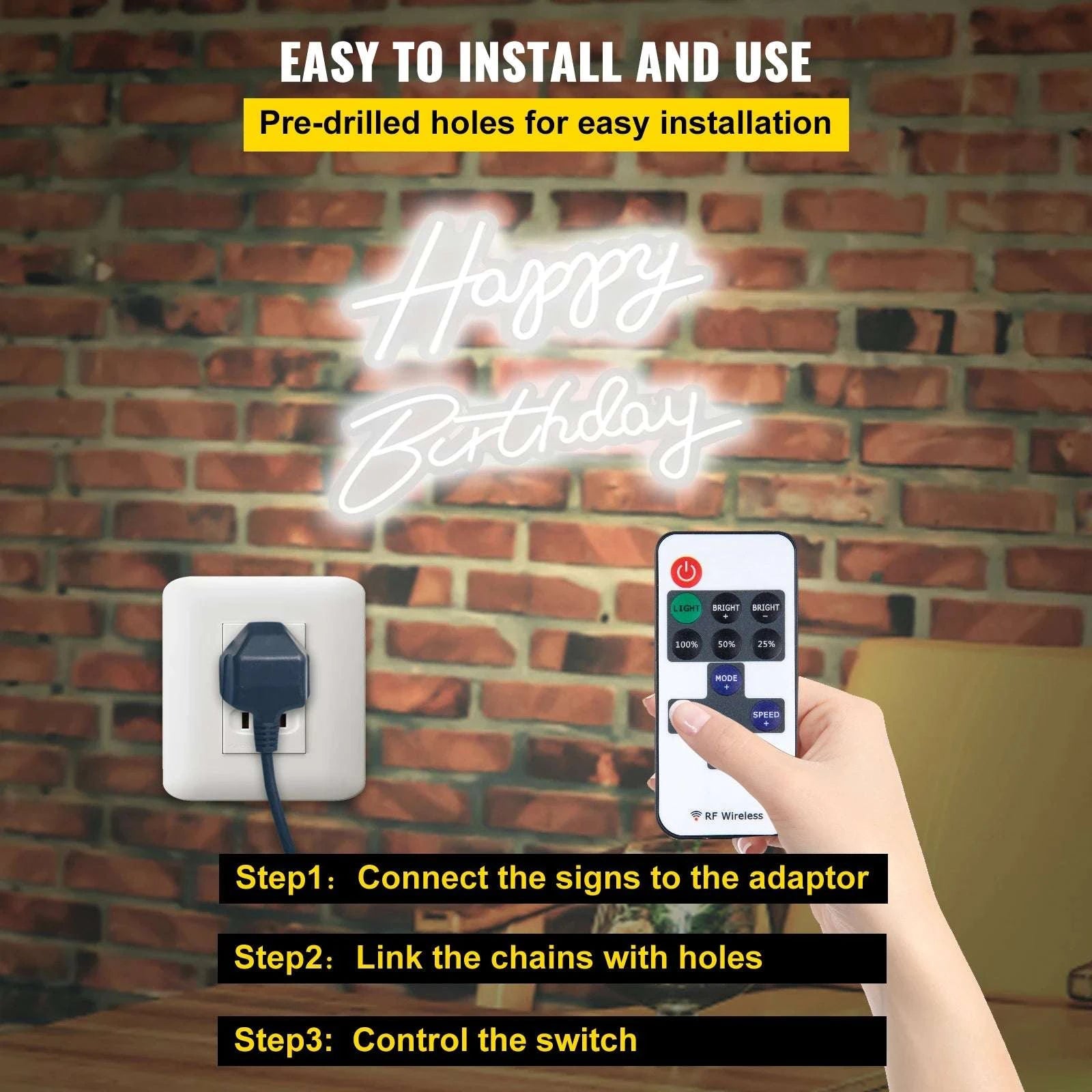 Happy Birthday LED Neon Sign with Remote & Adjustable Brightness-Warm White 31W / United States