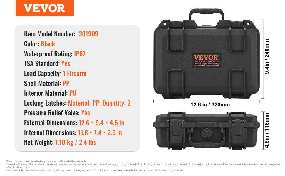 Hard Pistol Case with Pre-Cut Foam IP67 Waterproof TSA Lockable-19.3x17.1x8.3in Foam / United States