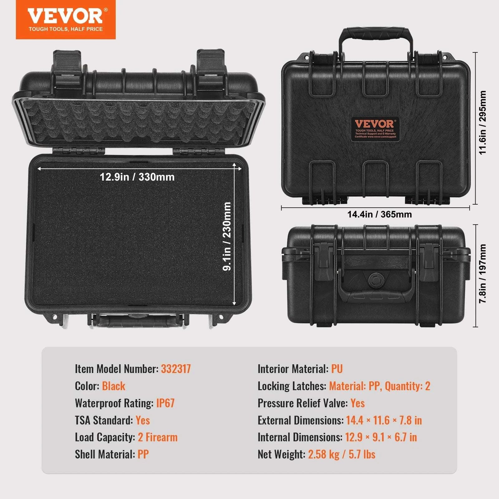 Hard Pistol Case with Pre-Cut Foam IP67 Waterproof TSA Lockable-19.3x17.1x8.3in Foam / United States