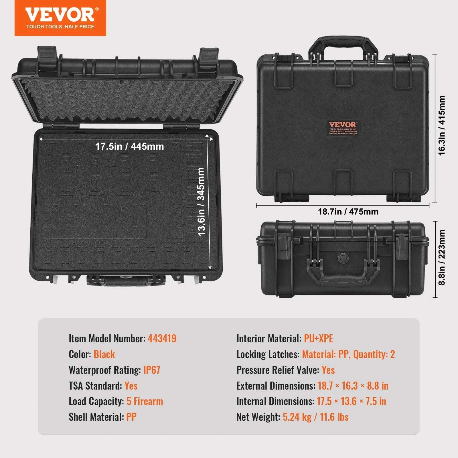 Hard Pistol Case with Pre-Cut Foam IP67 Waterproof TSA Lockable-19.3x17.1x8.3in Foam / United States