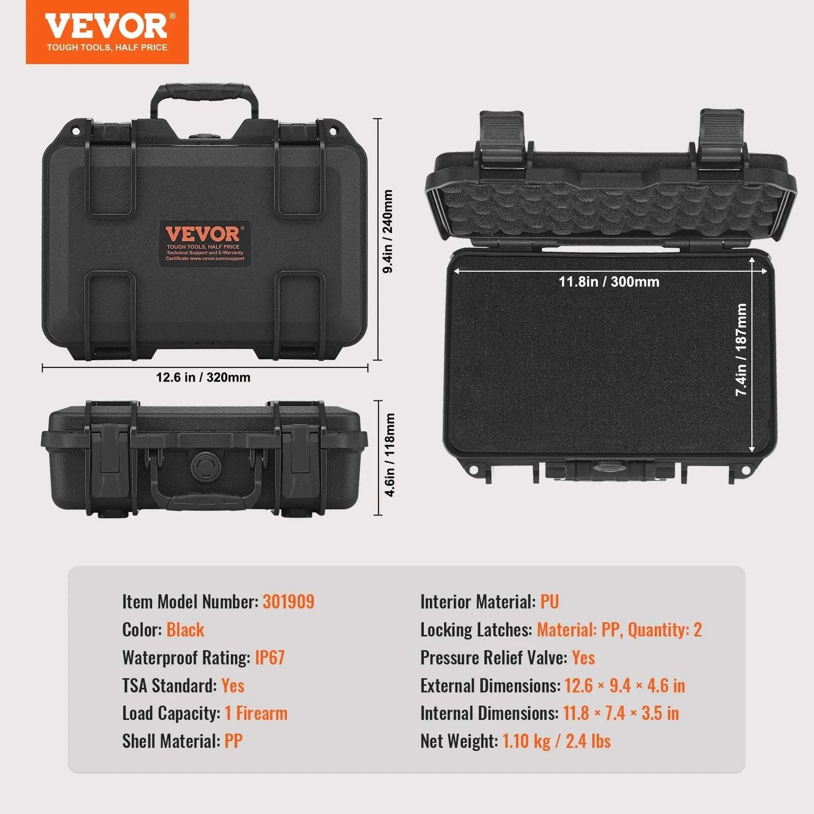 Hard Pistol Case with Pre-Cut Foam IP67 Waterproof TSA Lockable-19.3x17.1x8.3in Foam / United States