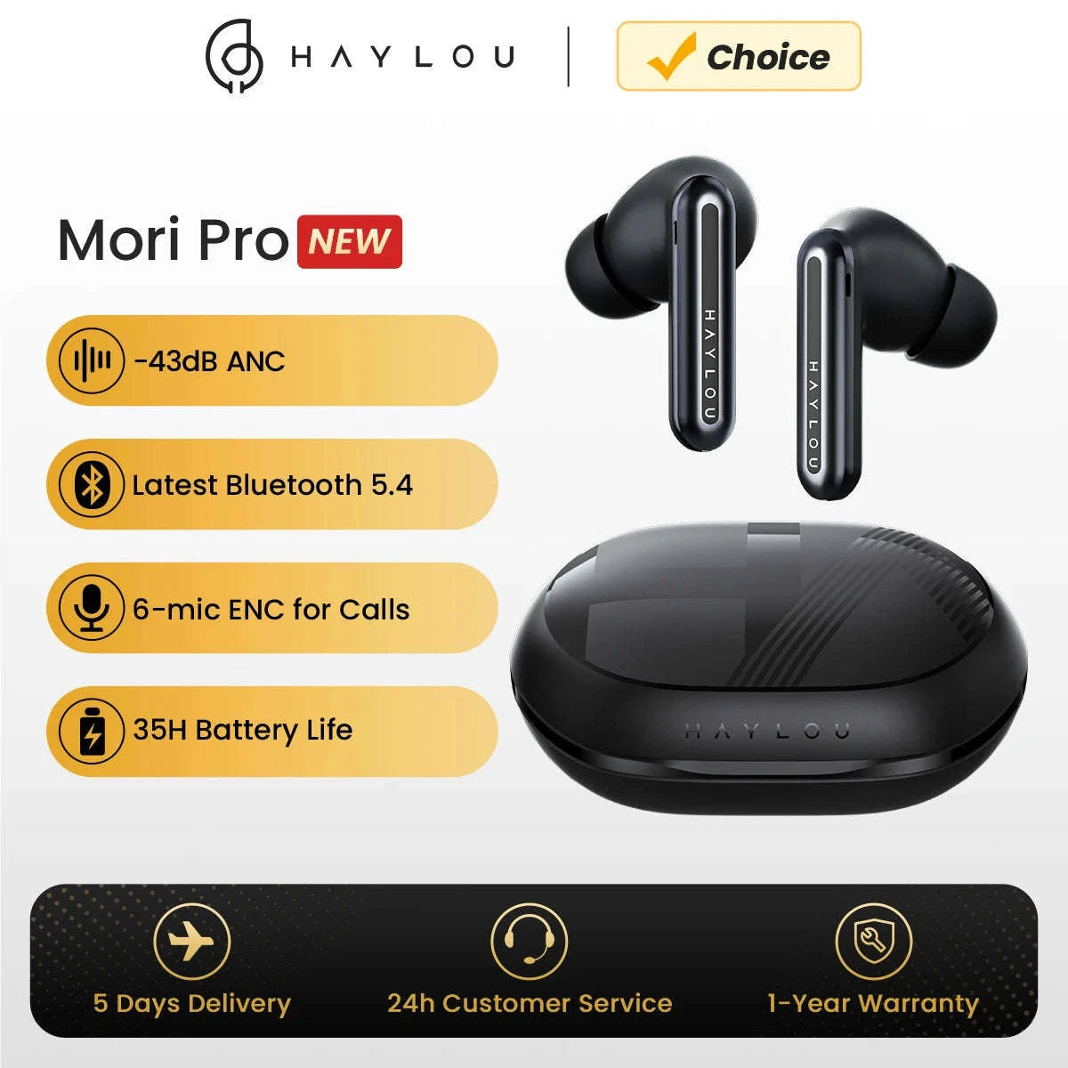 HAYLOU Mori Pro Bluetooth 5.4 Earbuds with ANC-Black / GERMANY