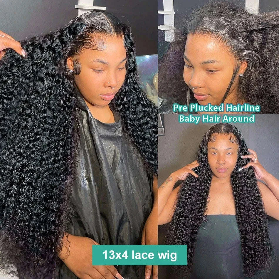 HD Transparent Deep Wave Frontal Wig – Curly Human Hair Lace Front-4x4 Lace Wig / 36inches / 200density|United States