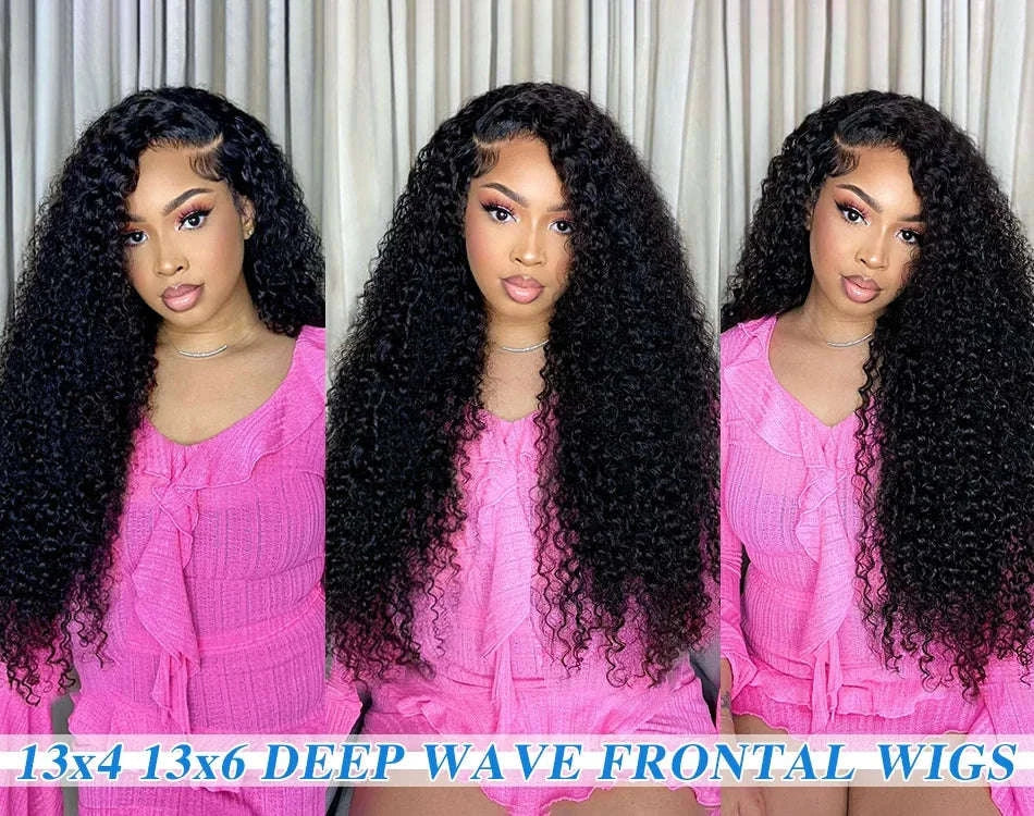HD Transparent Deep Wave Frontal Wig – Curly Human Hair Lace Front-4x4 Lace Wig / 36inches / 200density|United States