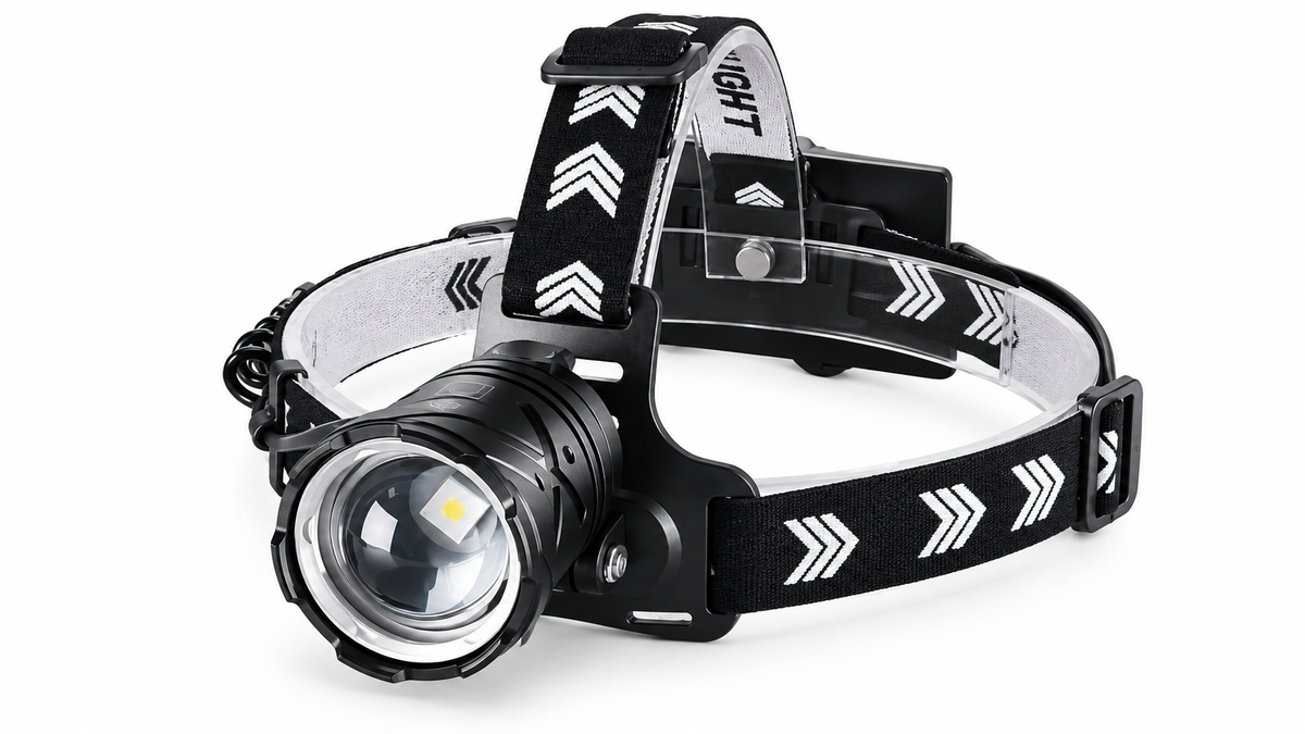 Black rechargeable headlamp on white background