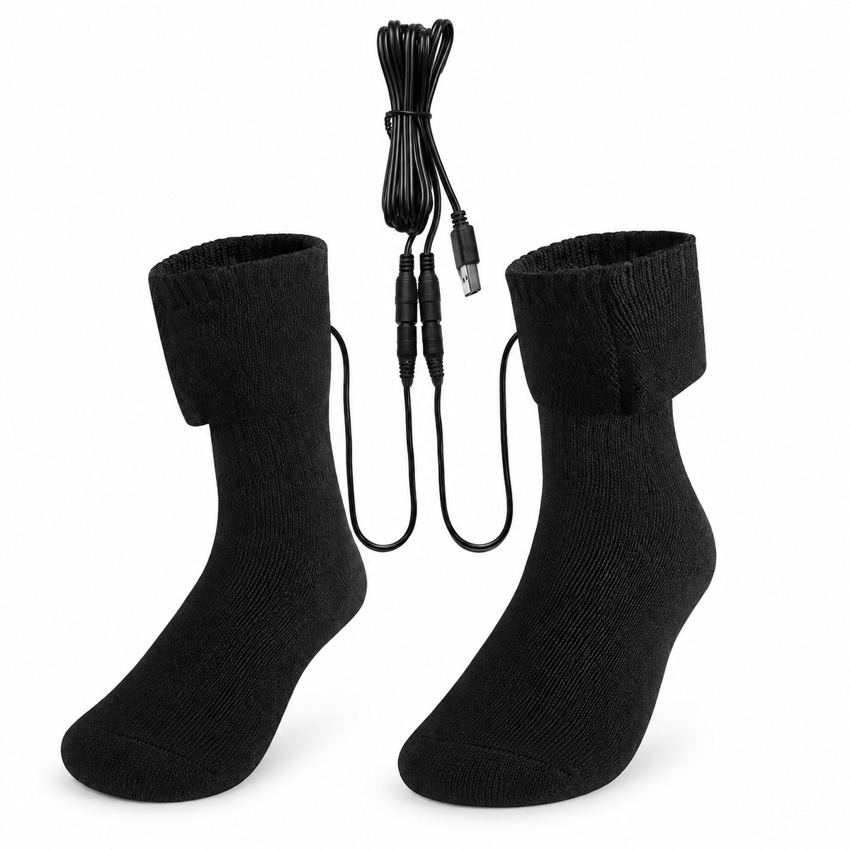 Black USB heated socks with their charging cable on white