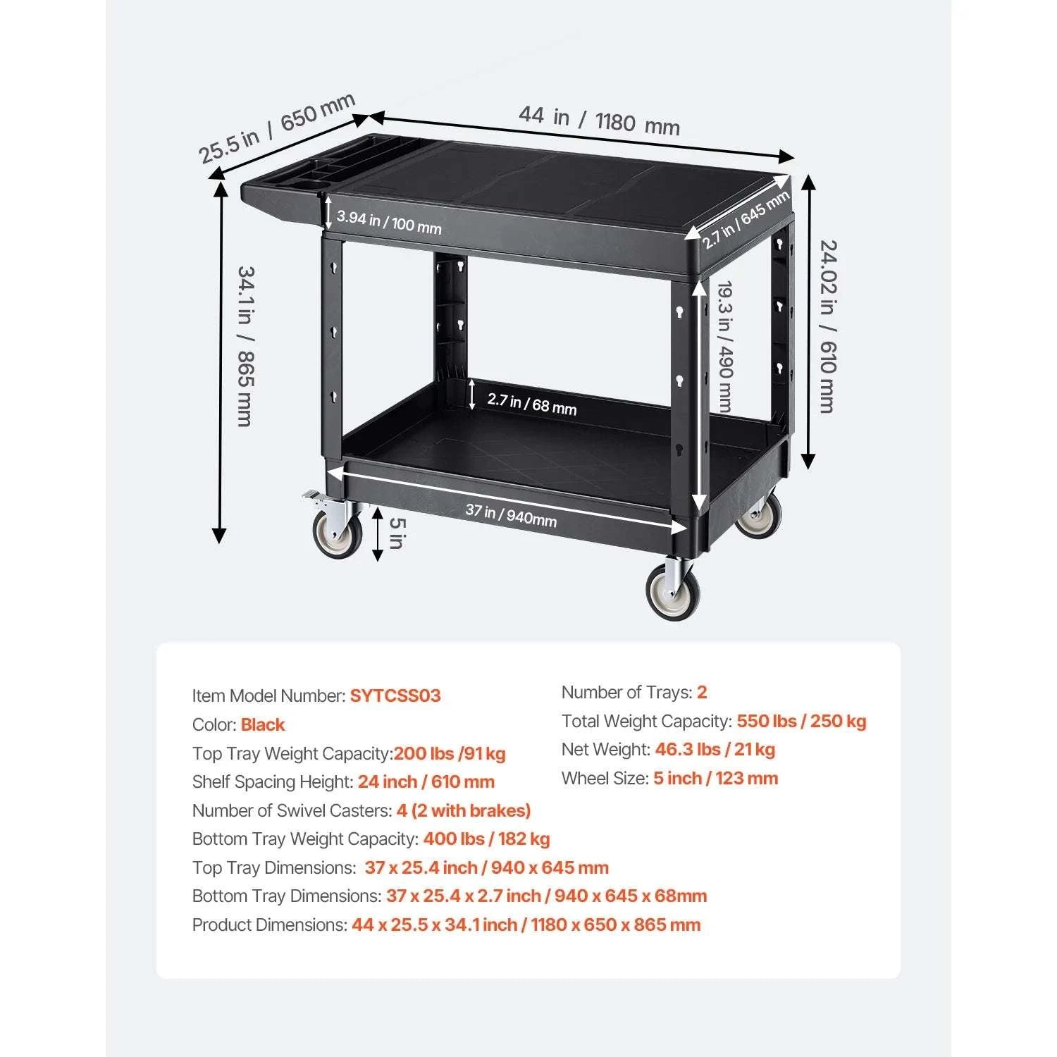 Heavy Duty 2-Tier Utility Cart with 550 lb Capacity & Swivel Wheels-44 x 25 x 34 in / france