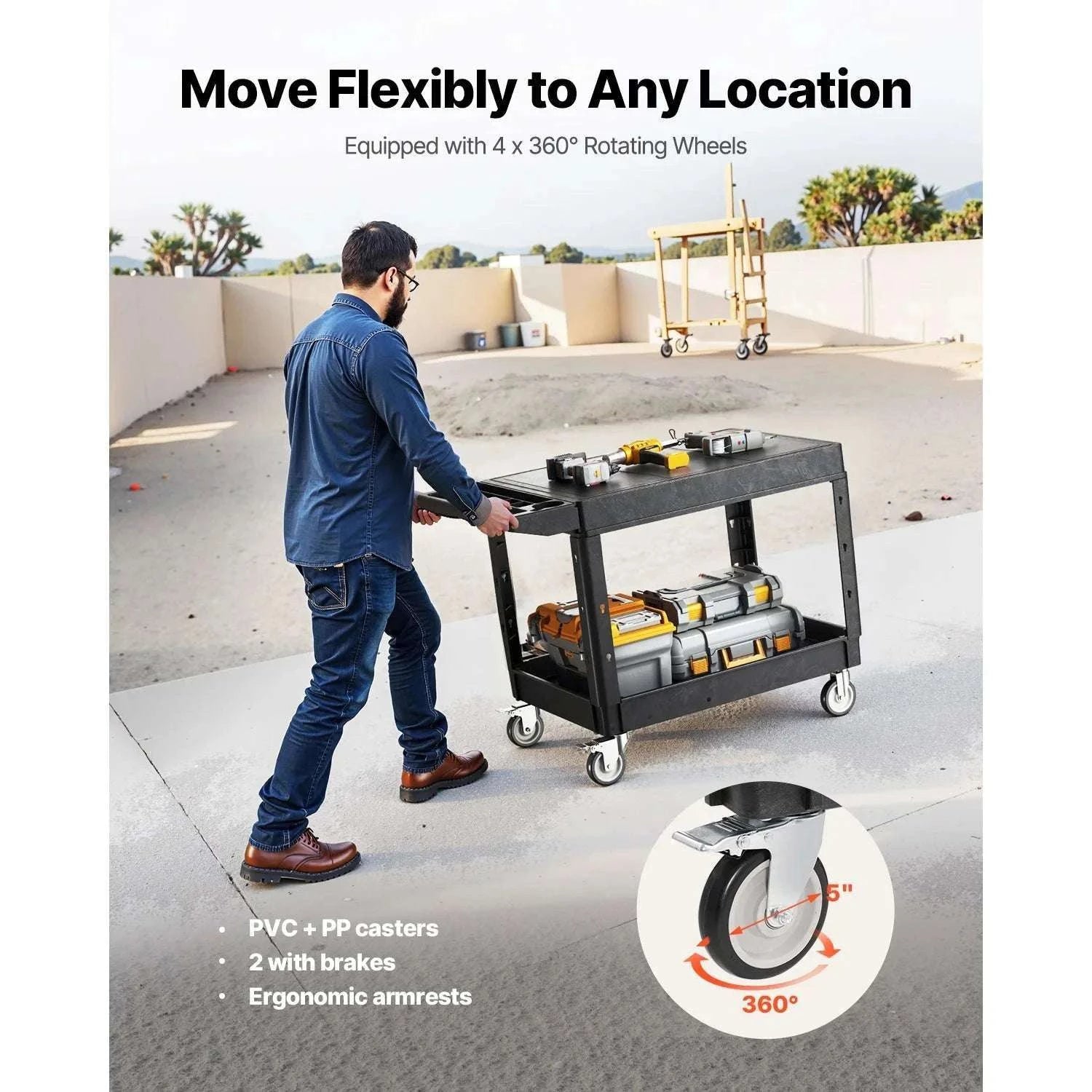 Heavy Duty 2-Tier Utility Cart with 550 lb Capacity & Swivel Wheels-44 x 25 x 34 in / france