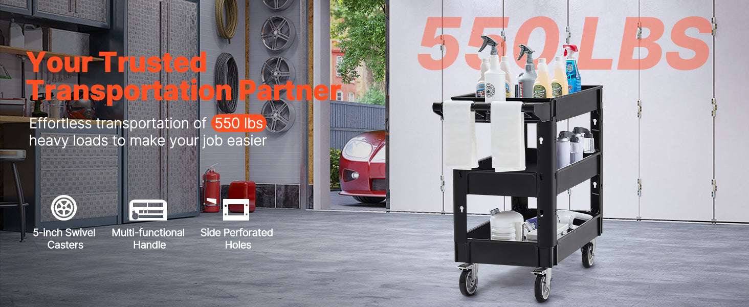Heavy-Duty 3-Tier Utility Cart with 360° Wheels & 550 lb Capacity-C / United States