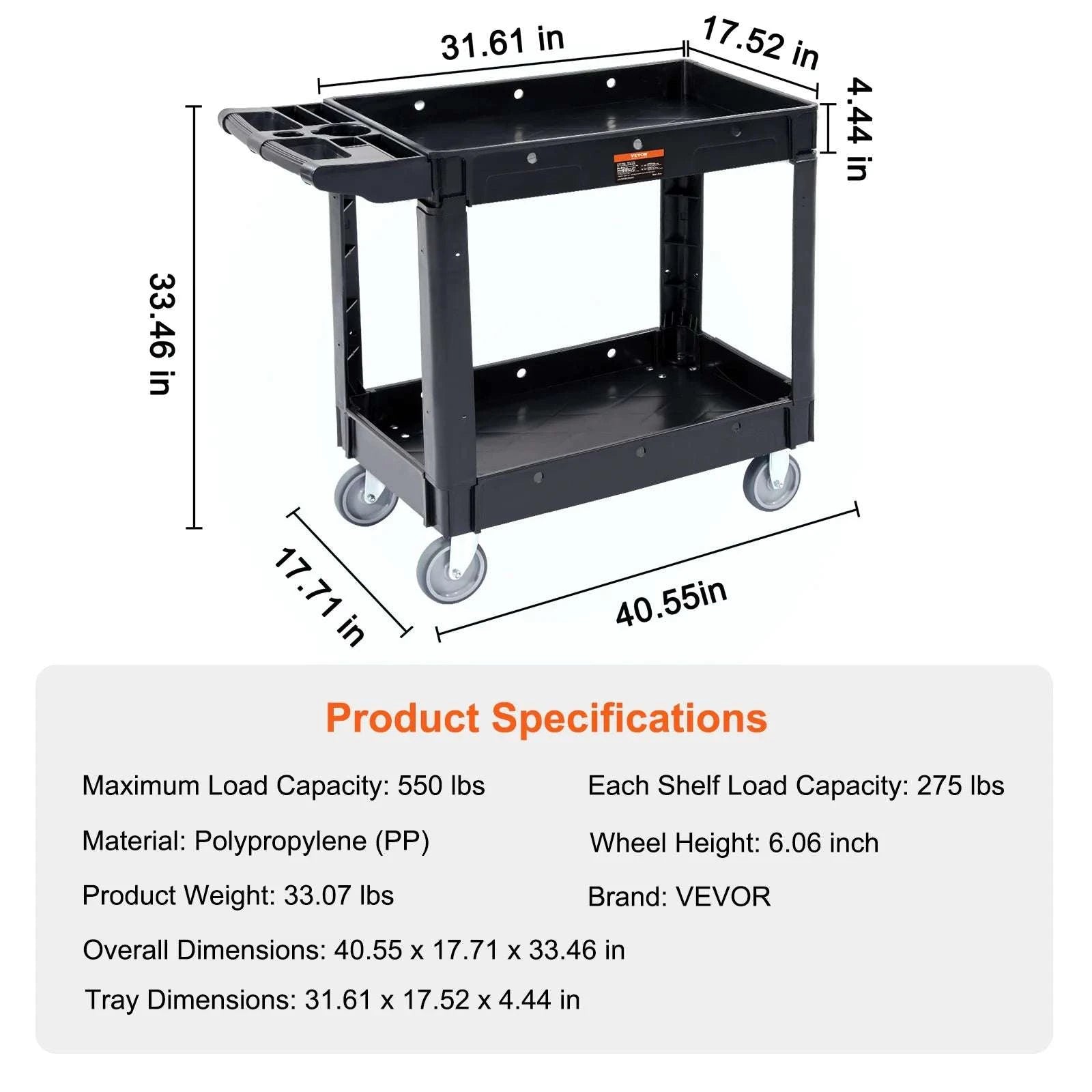 Heavy-Duty 3-Tier Utility Cart with 360° Wheels & 550 lb Capacity-C / United States