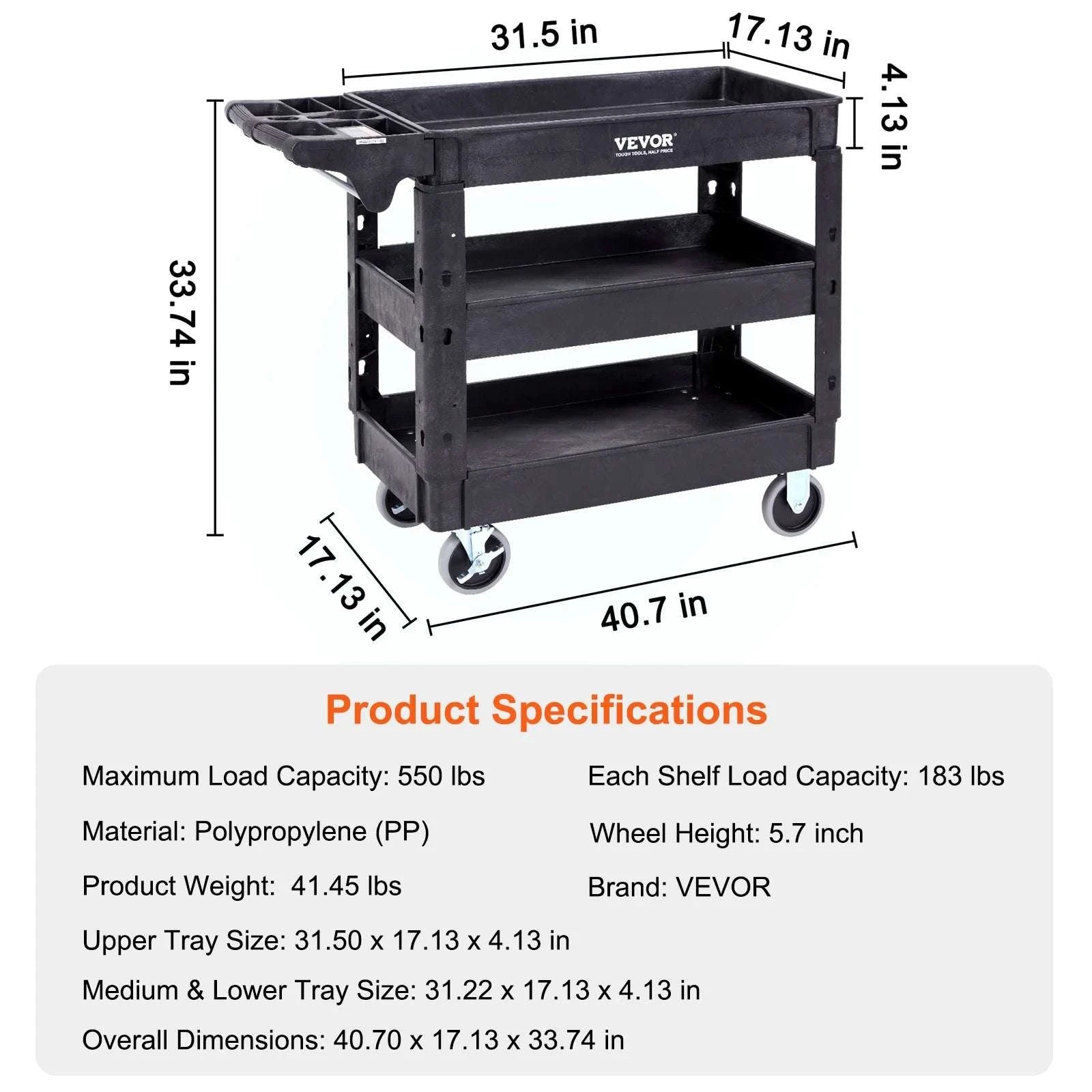 Heavy-Duty 3-Tier Utility Cart with 360° Wheels & 550 lb Capacity-C / United States