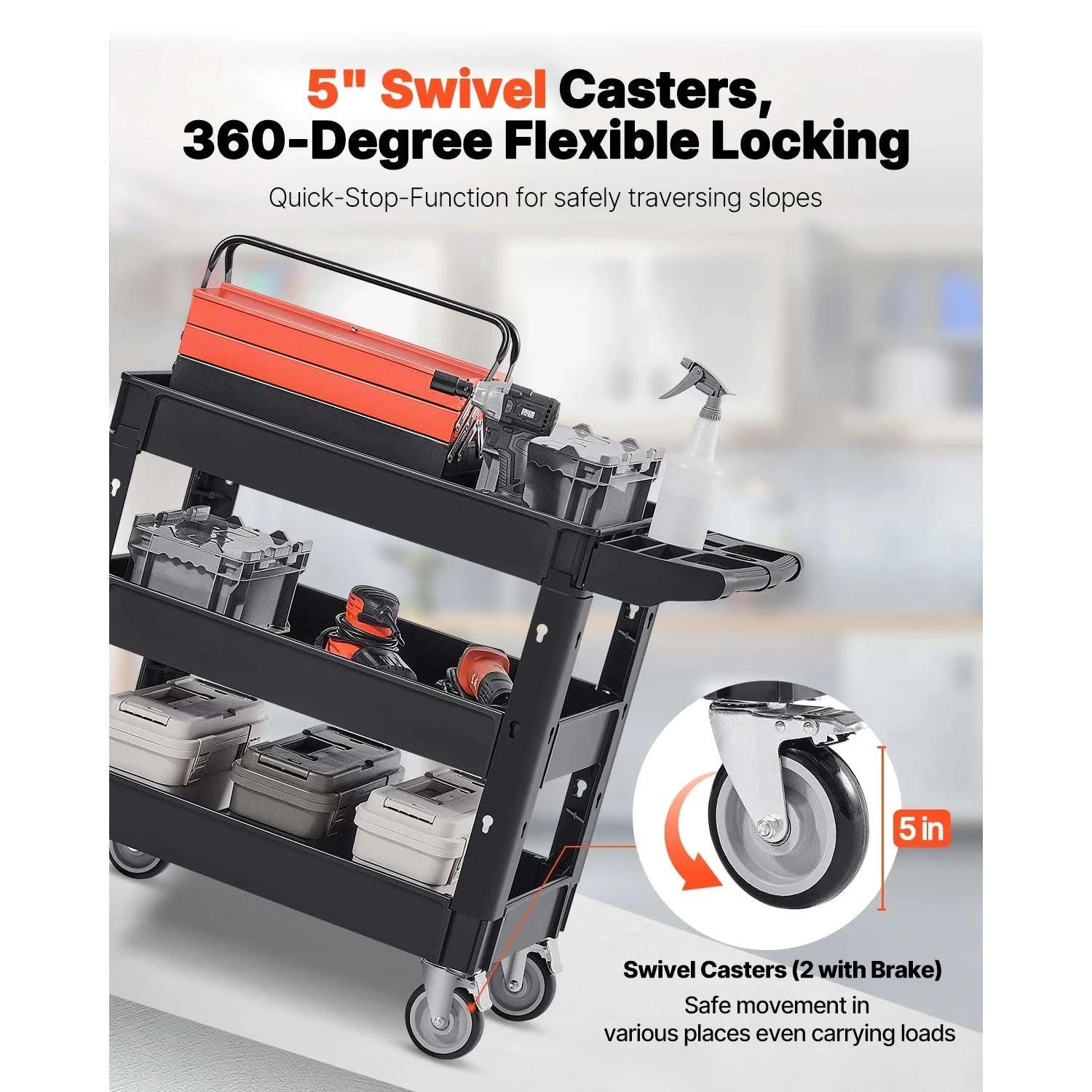 Heavy-Duty 3-Tier Utility Cart with 360° Wheels & 550 lb Capacity-C / United States