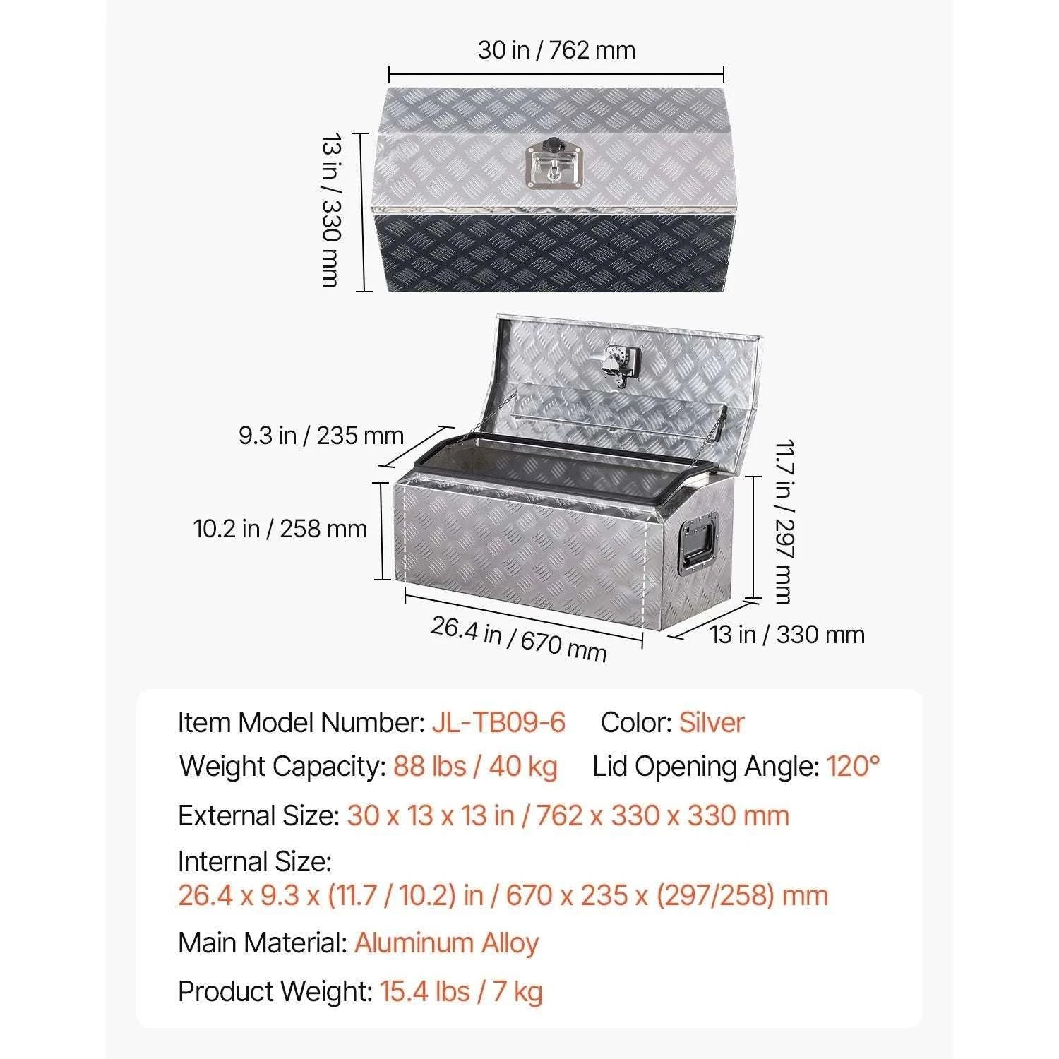 Heavy Duty Aluminum Truck Bed Tool Box with Lockable Storage-30x13x13inch / United States