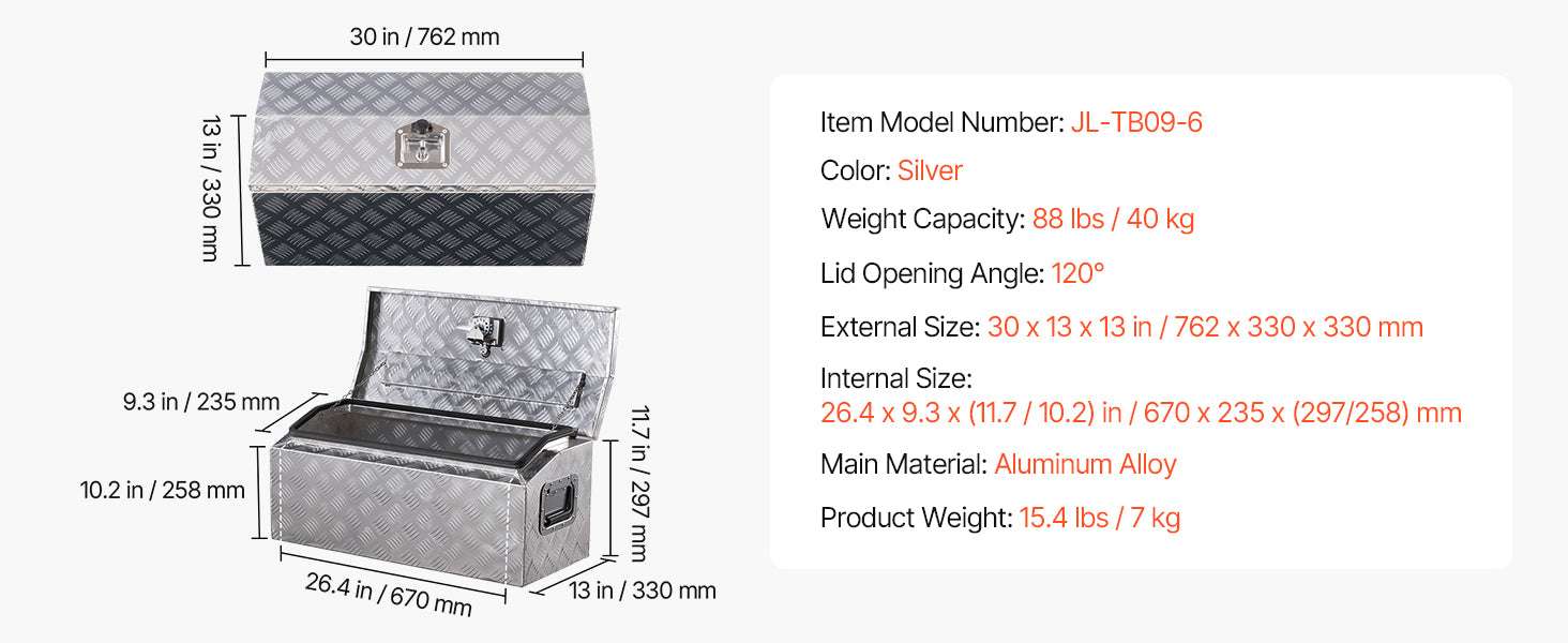 Heavy Duty Aluminum Truck Bed Tool Box with Lockable Storage-30x13x13inch / United States