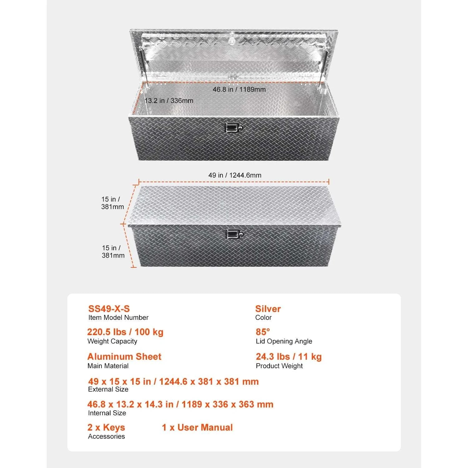 Heavy Duty Aluminum Truck Bed Tool Box with Lockable Storage-30x13x13inch / United States