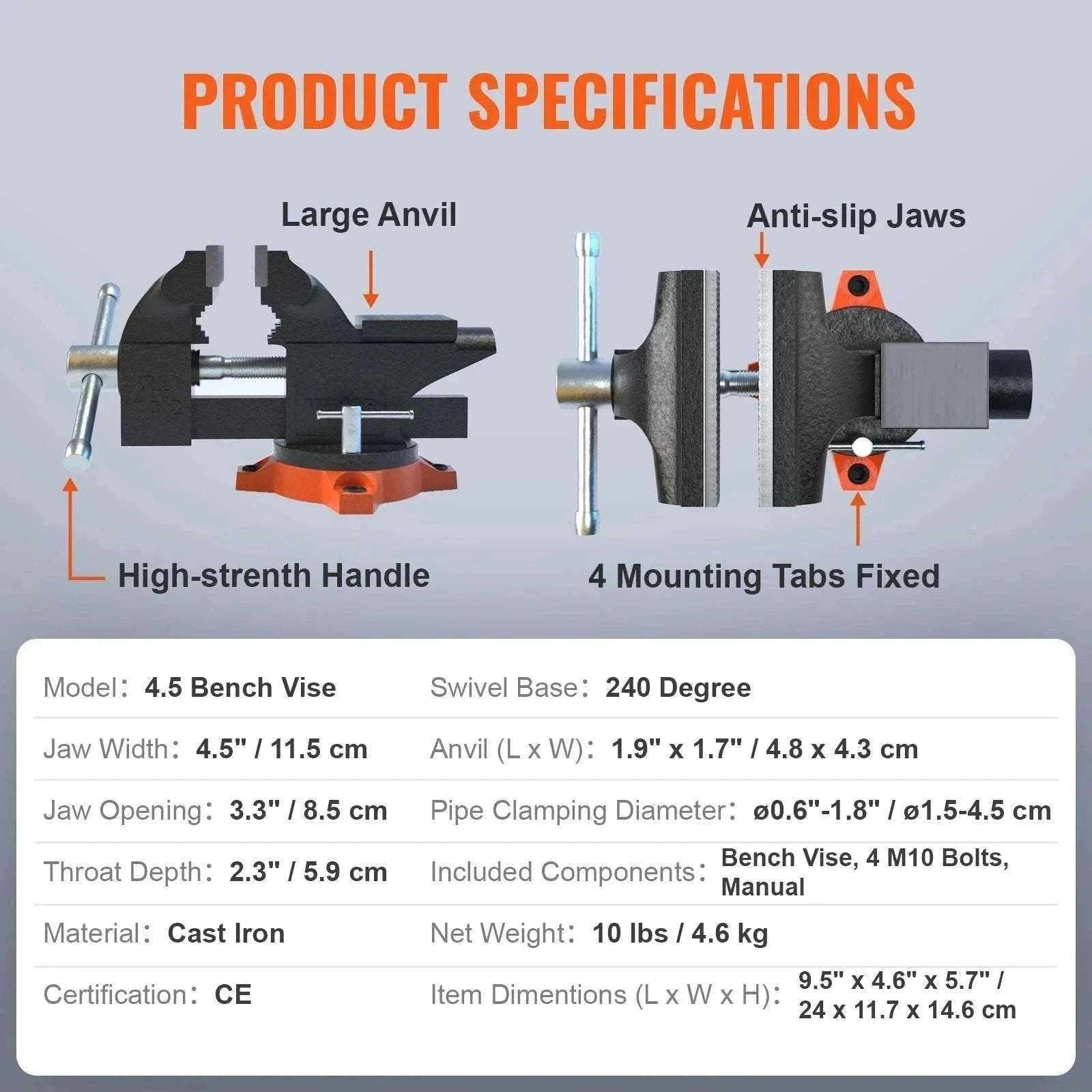Heavy Duty Bench Vise with Swivel Base & Anvil (4.5"–6.5")-6.5 inch / france
