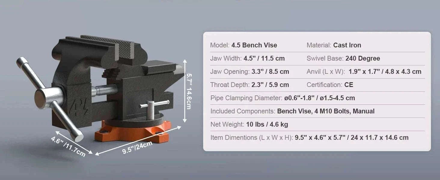 Heavy Duty Bench Vise with Swivel Base & Anvil (4.5"–6.5")-6.5 inch / france