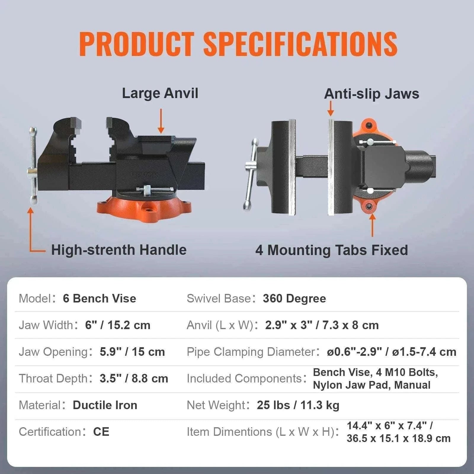 Heavy Duty Bench Vise with Swivel Base & Anvil (4.5"–6.5")-6.5 inch / france