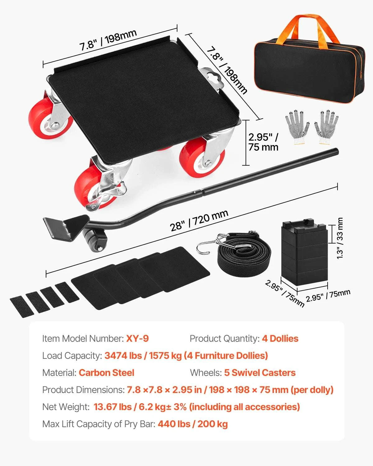 Heavy Duty Furniture Dolly Set 3474Lbs with 360° Wheels & Brakes-4pcs / CZECH REPUBLIC