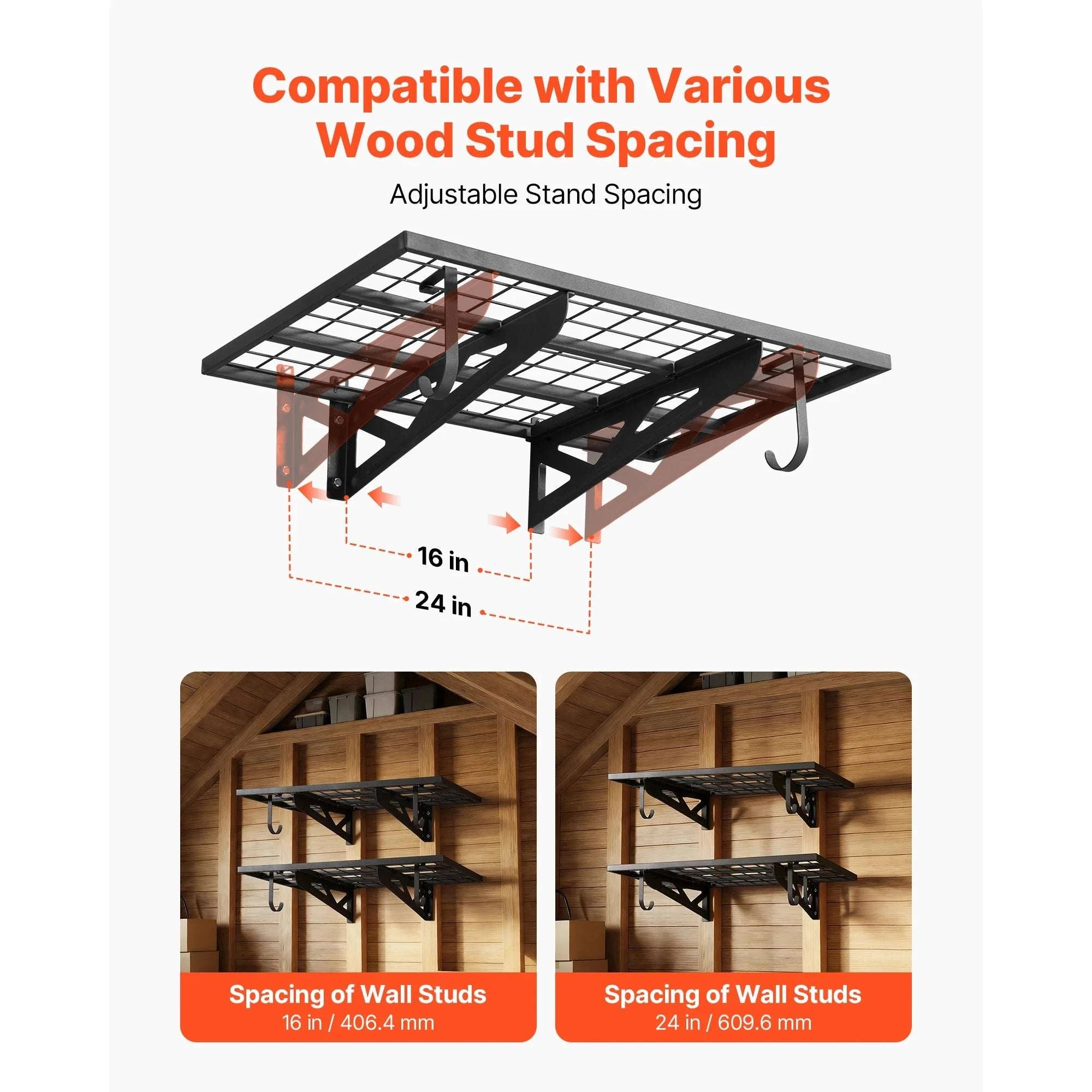 Heavy-Duty Garage Wall Shelving 2-Tier Steel Rack with Hooks-24x36inch / United States