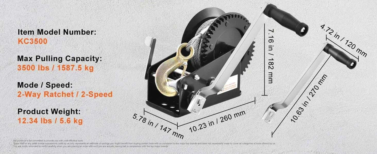Heavy Duty Hand Winch with 33 ft Steel Cable for Boat Trailer ATV-3500lbs / Poland