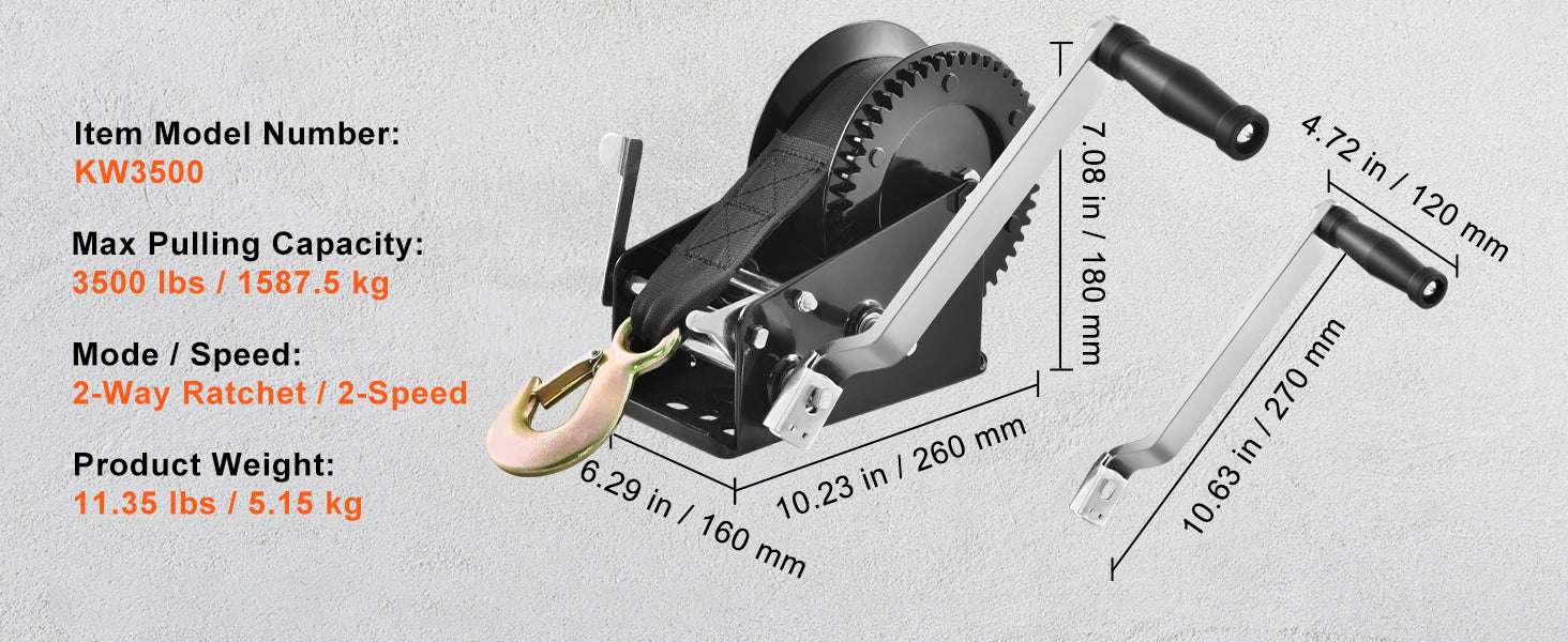 Heavy Duty Hand Winch with Strap & Two-Way Ratchet (Up to 3500 lbs)-3500lbs / United States