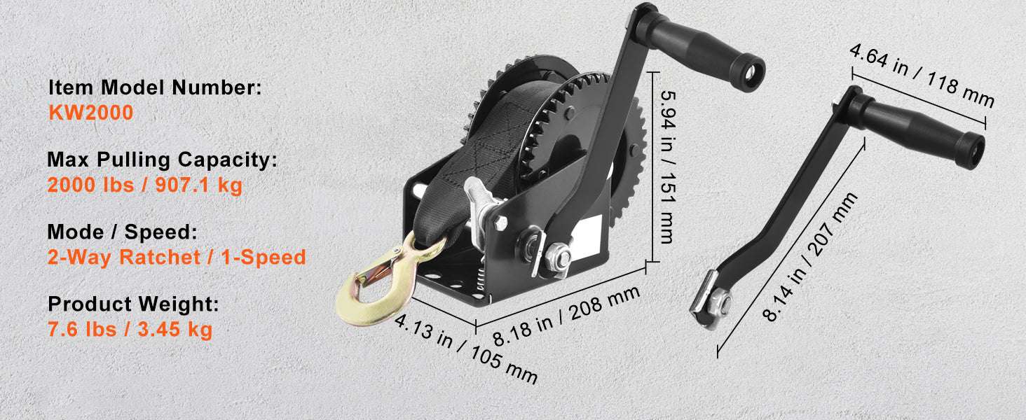 Heavy Duty Hand Winch with Strap & Two-Way Ratchet (Up to 3500 lbs)-3500lbs / United States