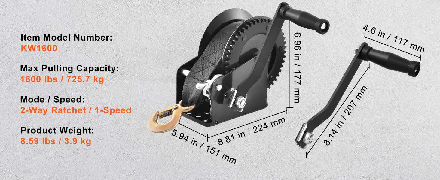Heavy Duty Hand Winch with Strap & Two-Way Ratchet (Up to 3500 lbs)-3500lbs / United States
