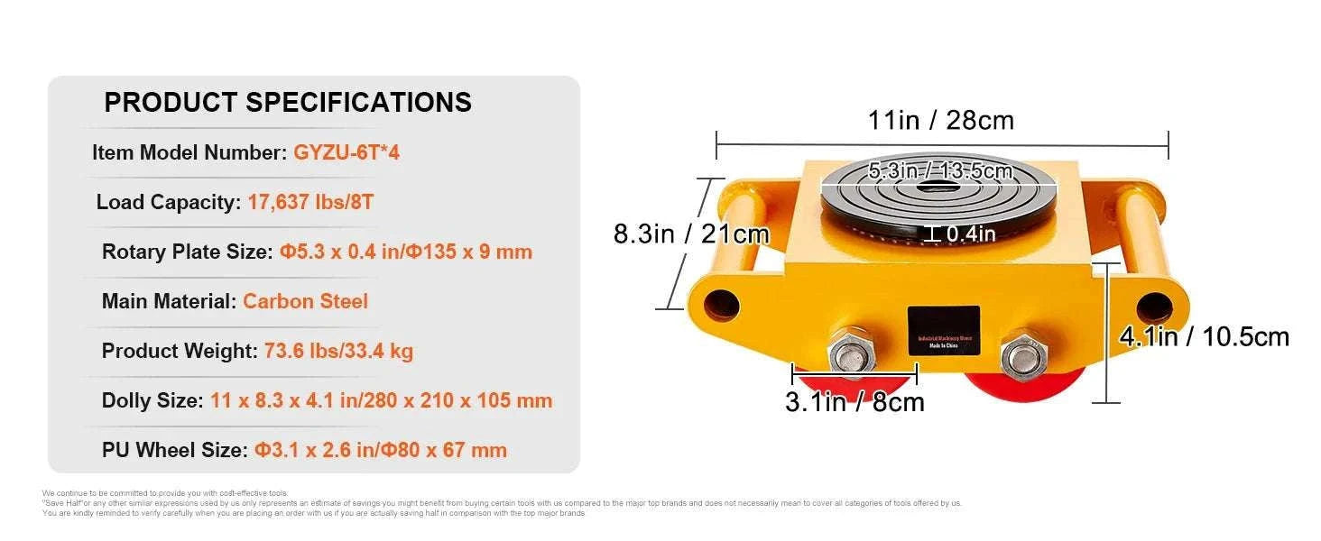 Heavy Duty Machinery Skate Dolly 6T-12T with PU Wheels-12T / United States