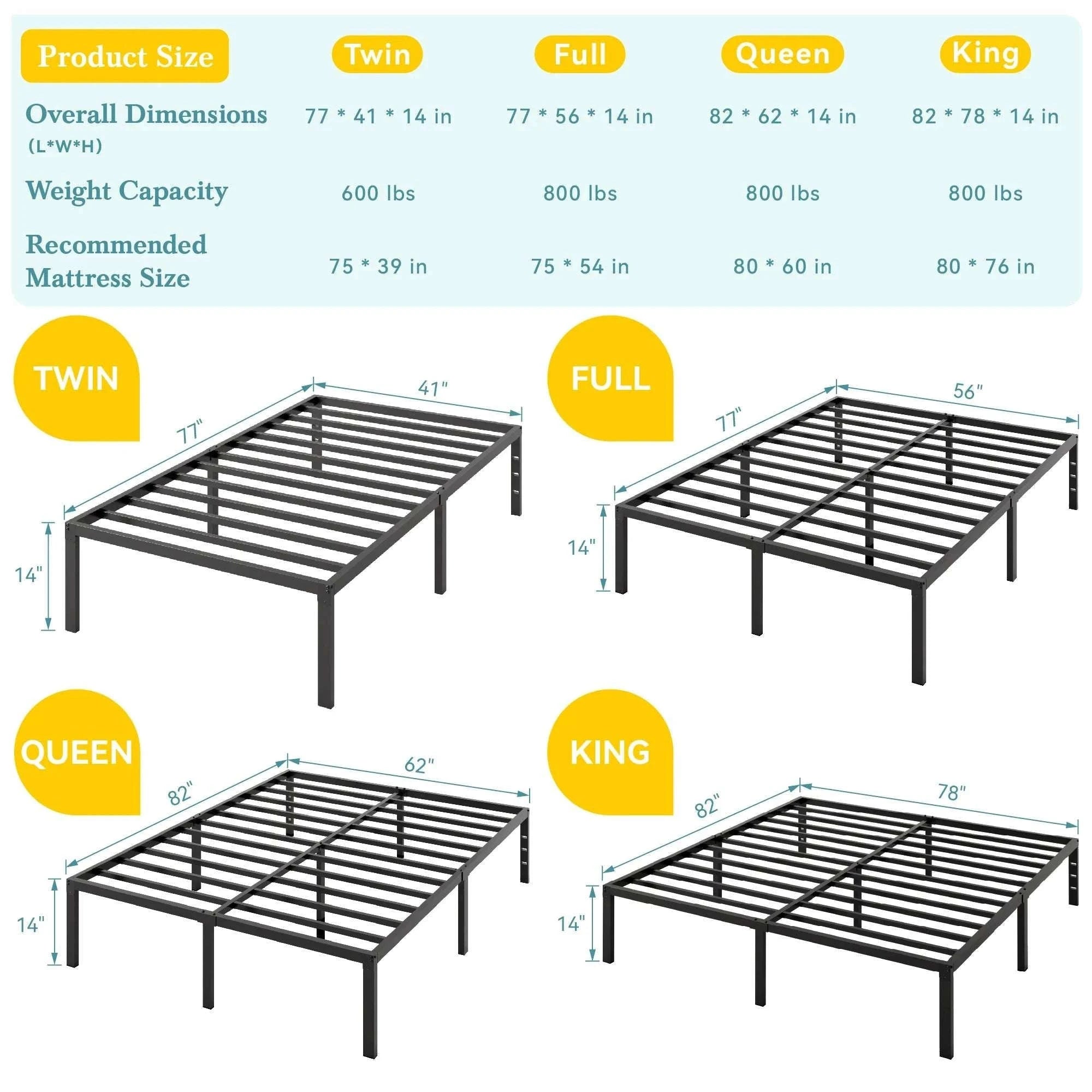 Heavy-Duty Metal Bed Frame with 14" Storage, No Box Spring-Black / King / United States