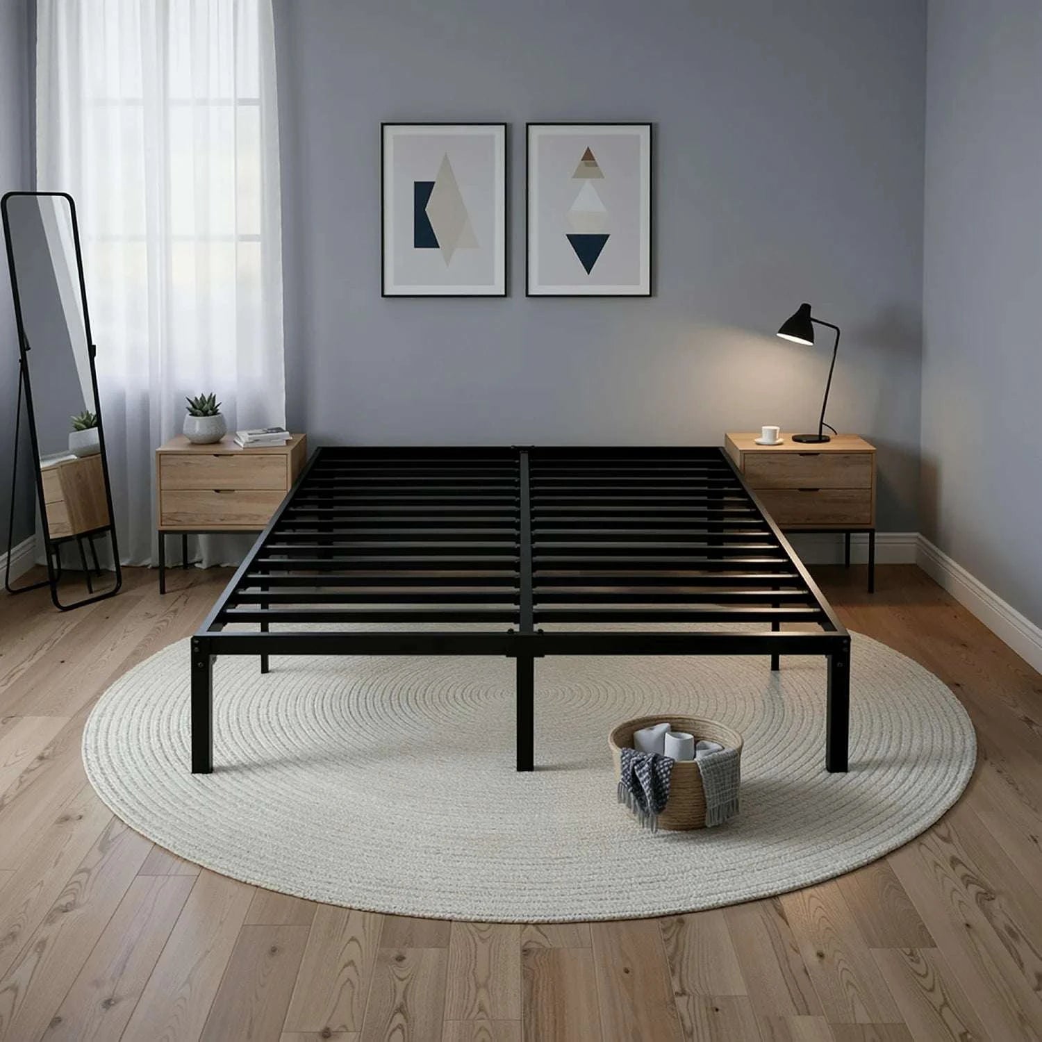 Heavy-Duty Metal Bed Frame with 14" Storage, No Box Spring-Black / King / United States