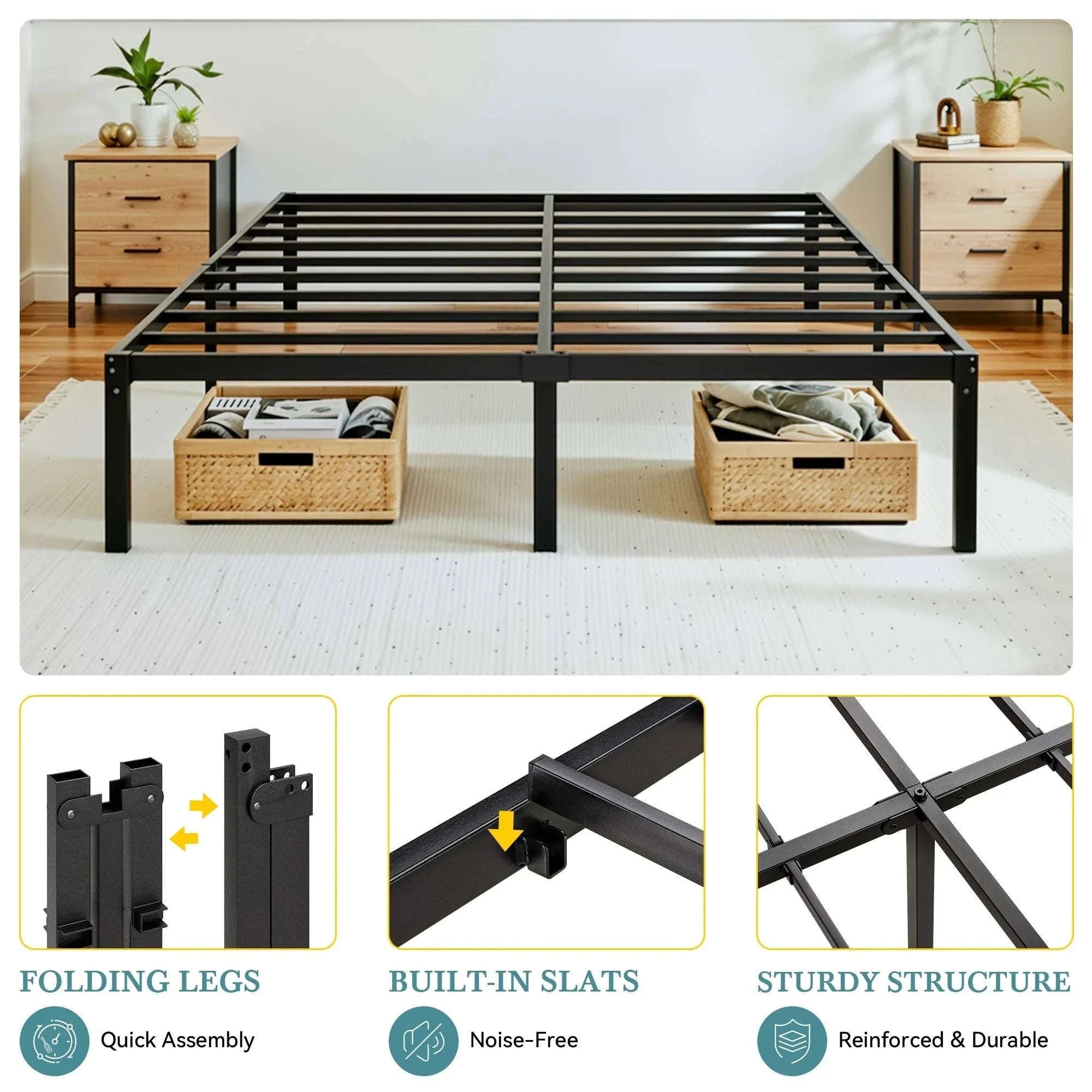 Heavy-Duty Metal Bed Frame with 14" Storage, No Box Spring-Black / King / United States