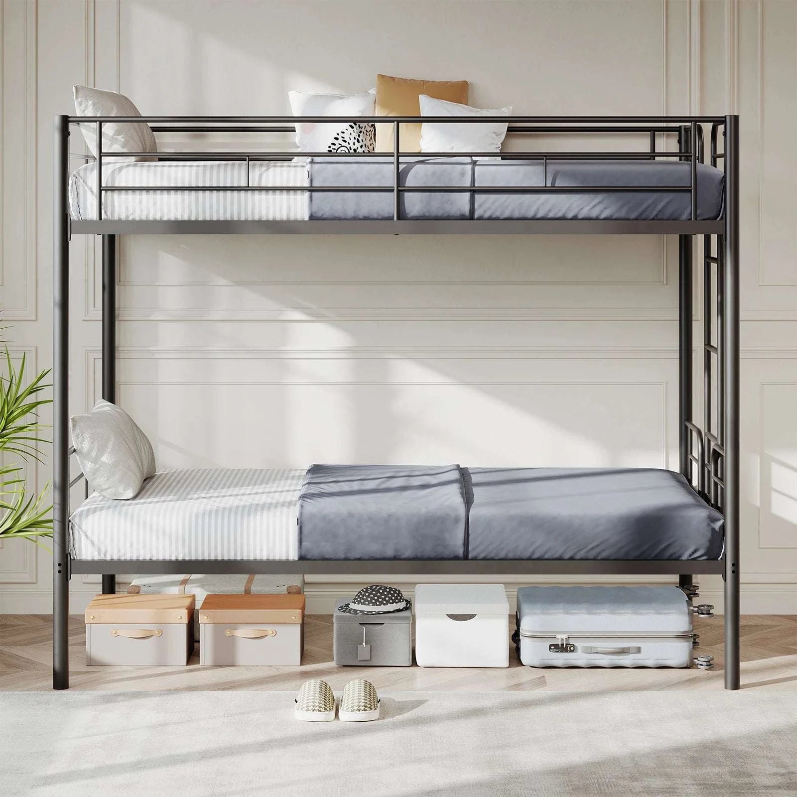 Heavy Duty Metal Bunk Bed Frame with Ladder & Guardrails-Ivory / United States