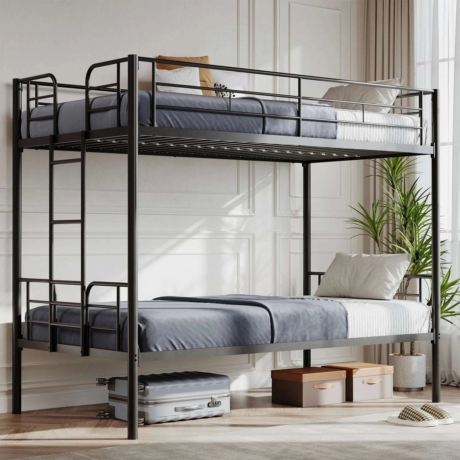 Heavy Duty Metal Bunk Bed Frame with Ladder & Guardrails-Ivory / United States