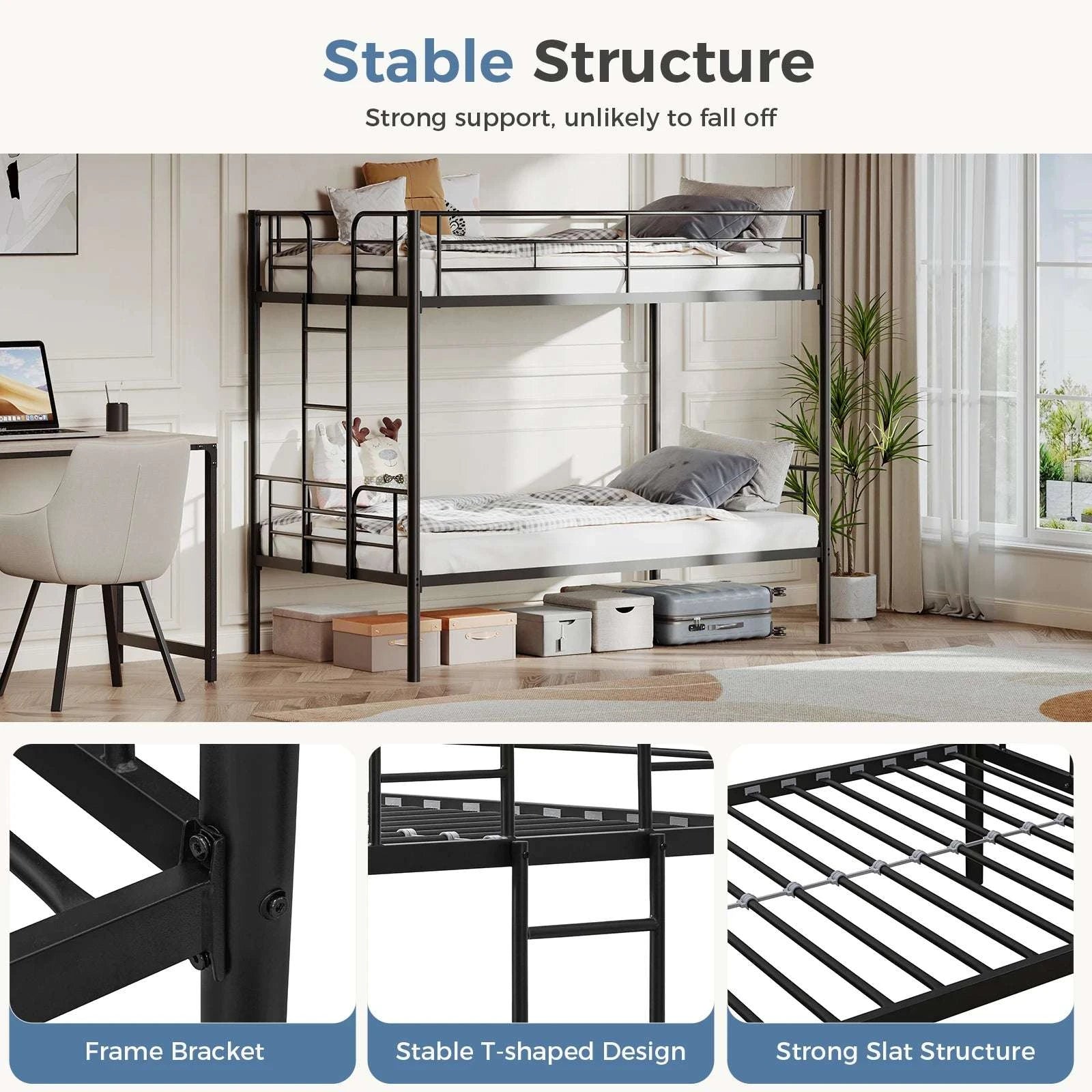 Heavy Duty Metal Bunk Bed Frame with Ladder & Guardrails-Ivory / United States