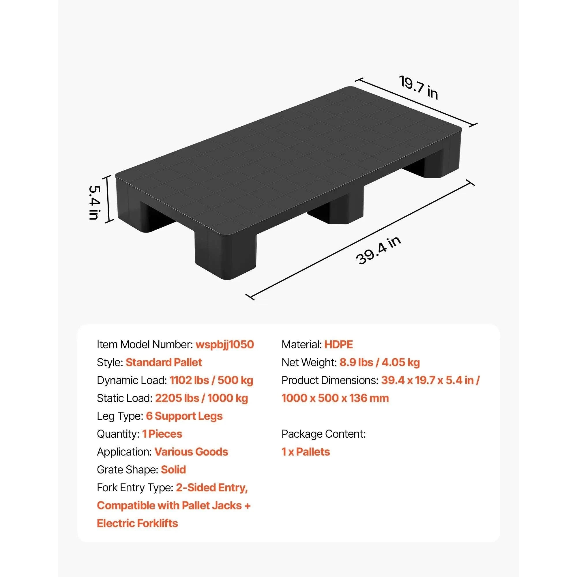 Heavy Duty Plastic Pallet 2205 lbs Waterproof Storage Base-1pc / United States